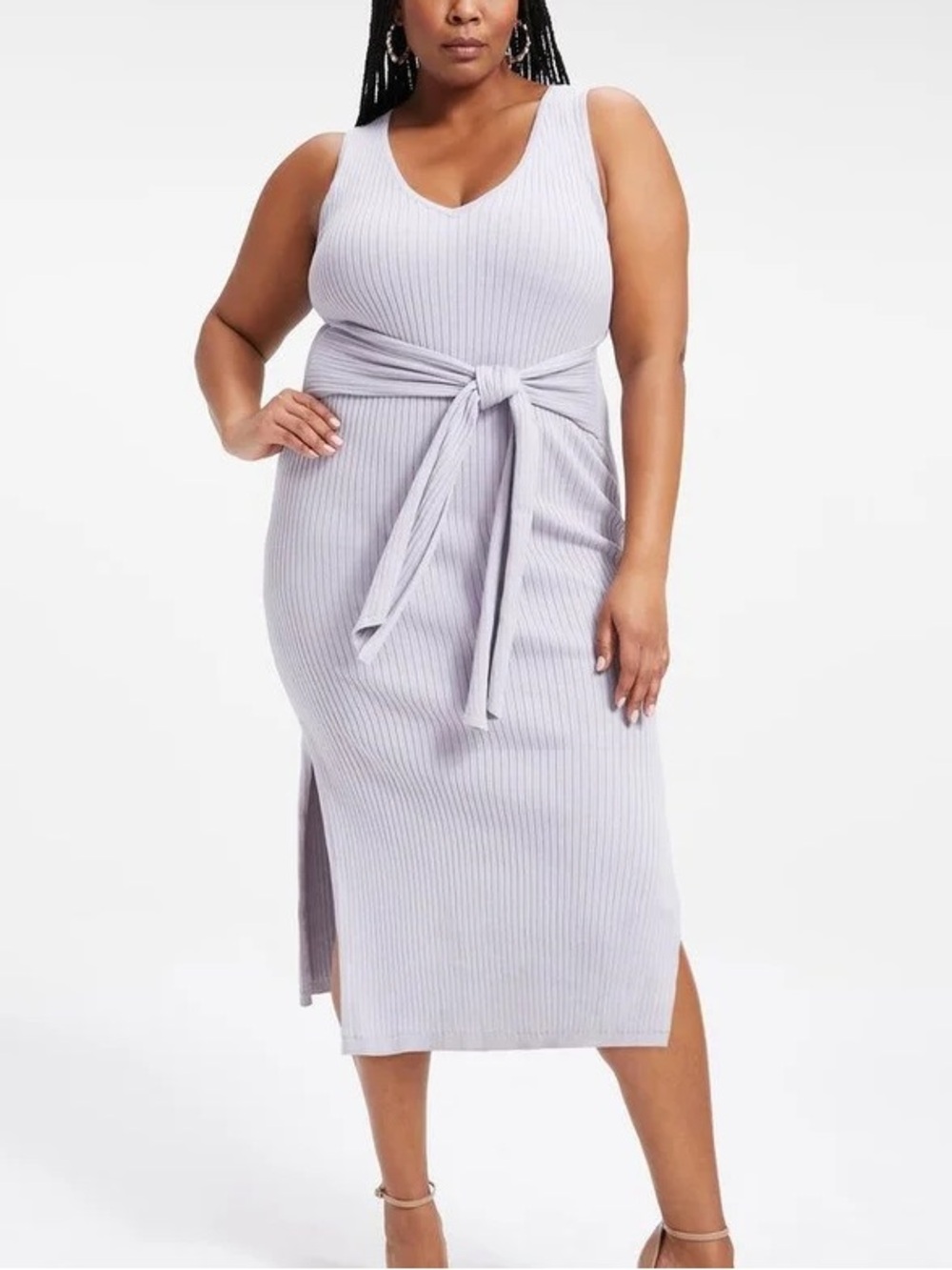 Good American Ribbed Tie-Front Midi Dress in Light Lavender